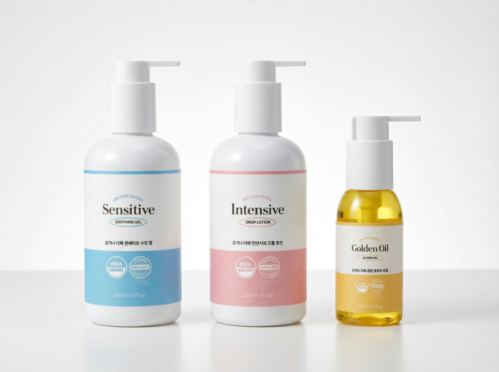 Organic Derma Sensitive Soothing Gel · Intensive Drop Lotion · Golden Oil — USDA Certified